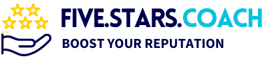 Logo di "Five Stars Coach" con l'immagine di una mano che regge cinque stelle gialle sulla sinistra e il testo "Boost Your Reputation" sotto il nome.