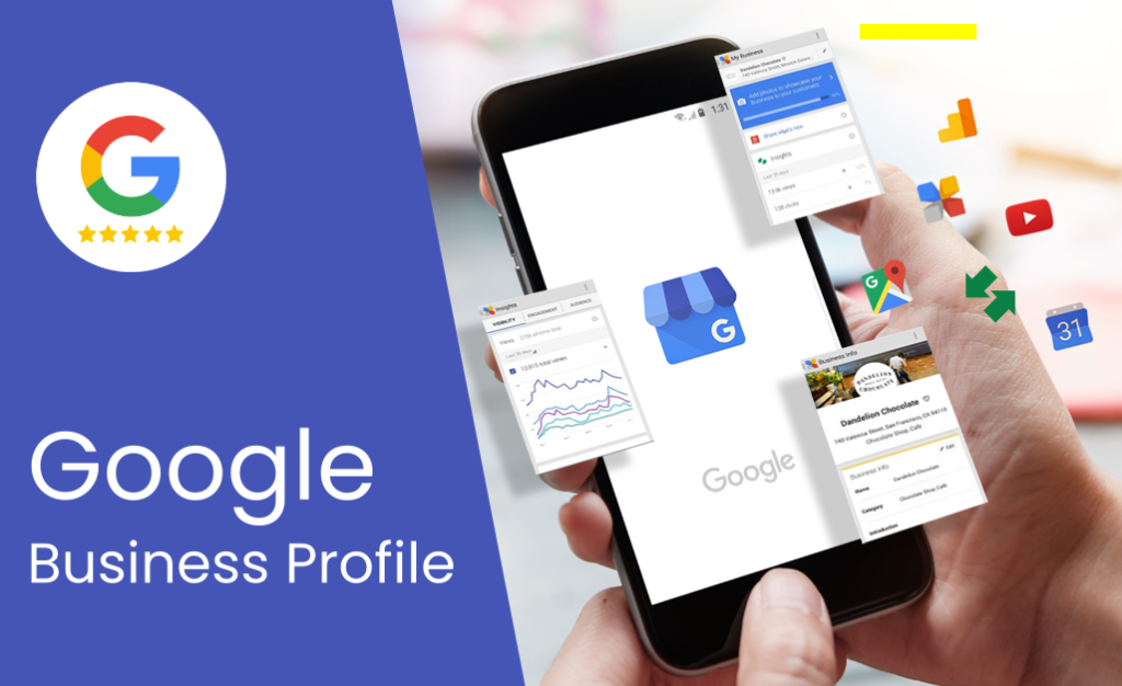 Primo piano di una persona che tiene in mano uno smartphone con il profilo aziendale di Google, circondato da icone per servizi Google come Maps, Calendar e Analytics. Logo Google e testo "Google Business Profile" sulla sinistra.