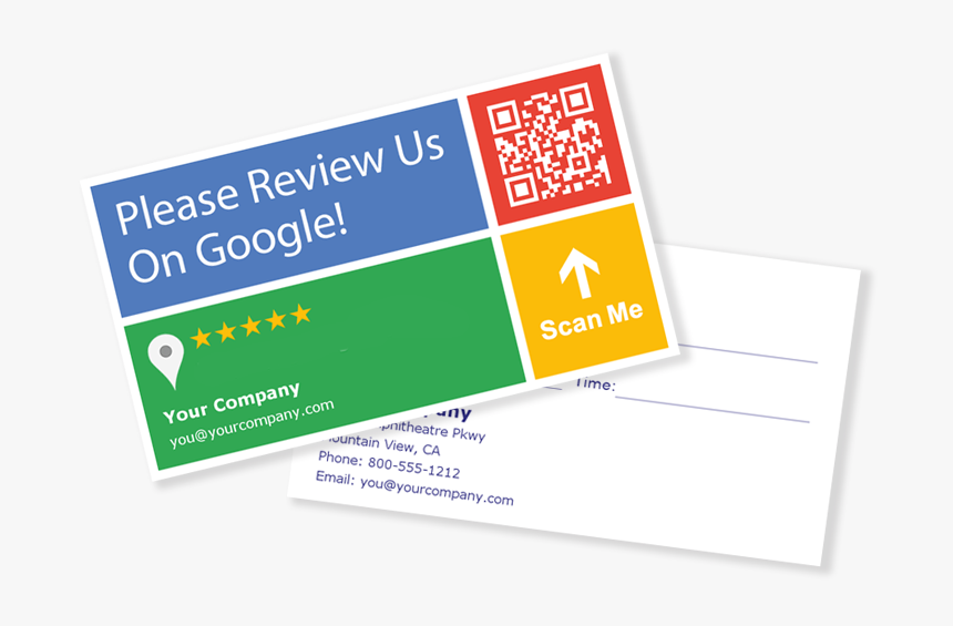Immagine di un biglietto da visita che richiede una recensione su Google, con un codice QR, valutazioni a stelle e dati di contatto, tra cui nome dell'azienda, e-mail, indirizzo, numero di telefono e righe vuote per scrivere informazioni aggiuntive.