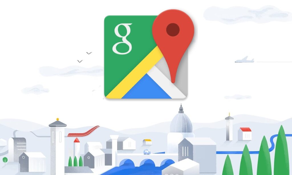 Icona di Google Maps centrata sopra un paesaggio urbano stilizzato con edifici, un ponte e un fiume sinuoso con alcuni alberi. Un aeroplano che vola nel cielo sullo sfondo.