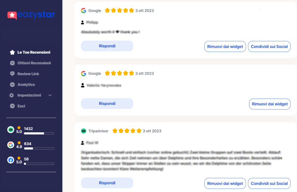 Screenshot di una pagina di riepilogo delle recensioni sulla piattaforma Easystar, che mostra le recensioni dei clienti per Google e Tripadvisor, evidenziate da valutazioni in stelle e opzioni per rispondere o condividere sui social media.